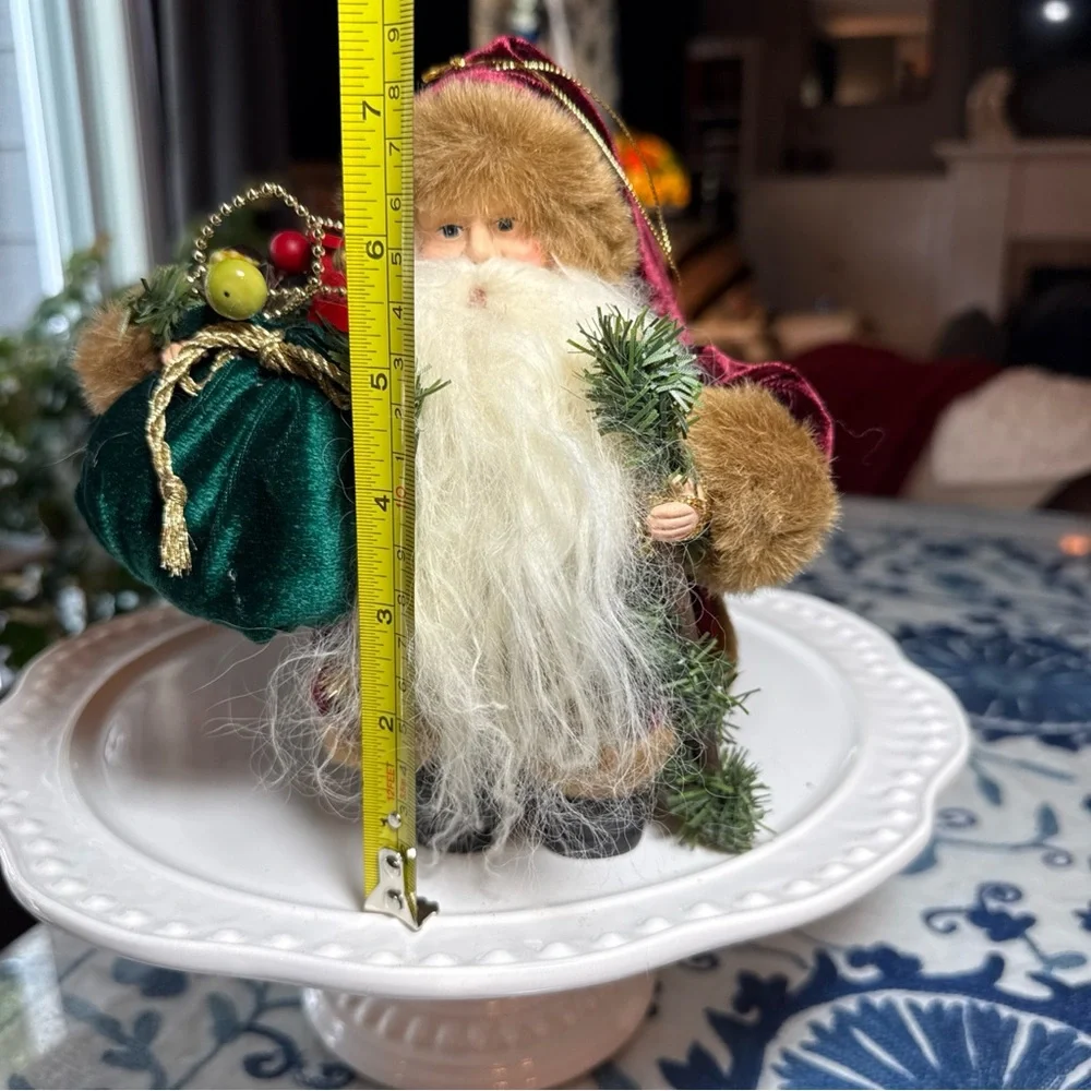 Santa Clause Christmas Ornament Or He Stands 7” Fur Cape Coat Bag Toy Gifts Hang
